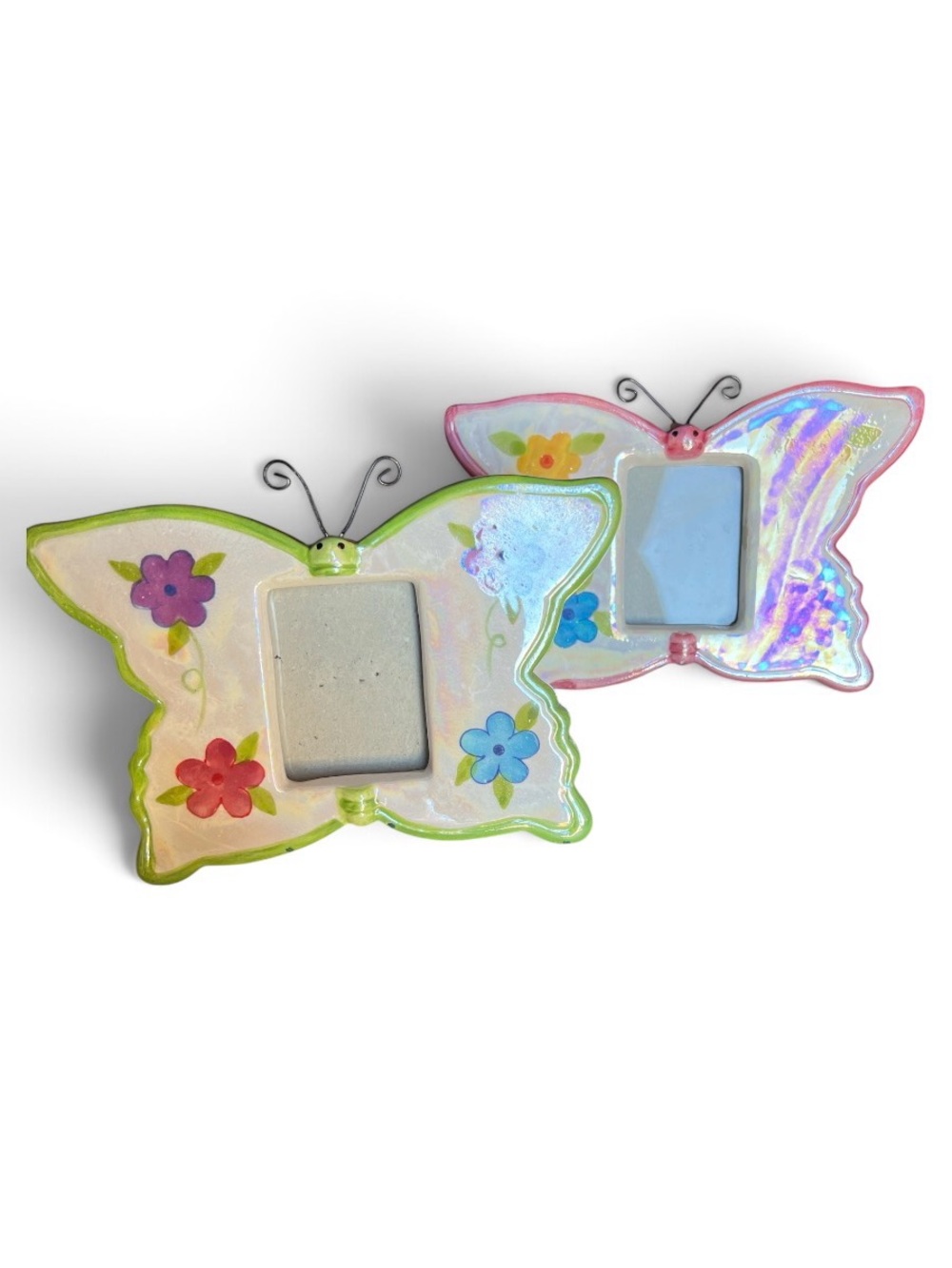 Whimsical Ceramic Butterfly Flower Picture Frame - Green & Pink